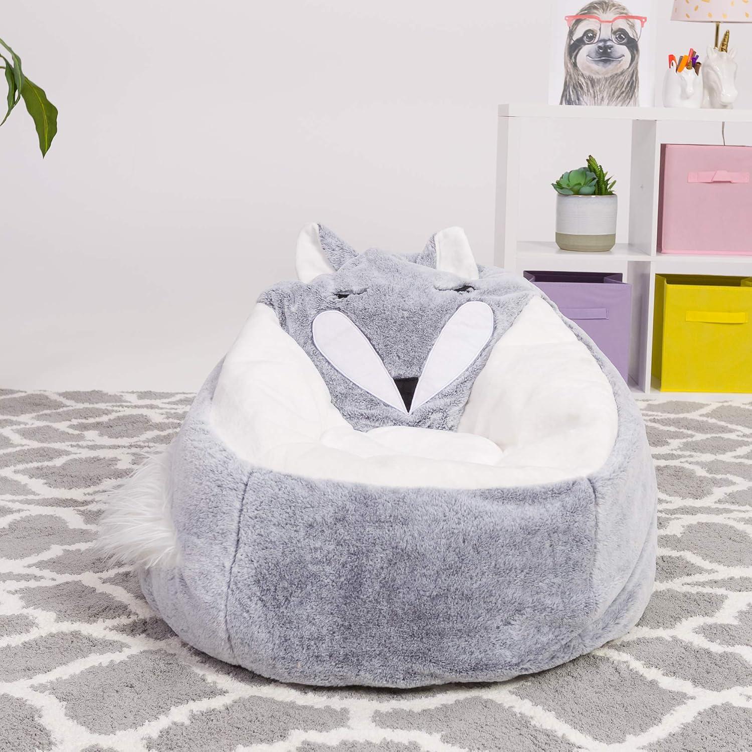 Posh Creations Cute Soft Bean Bag Chair for Kids, Furry, 2.5ft, Large, Animal - Silver Fox