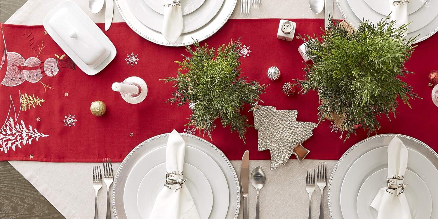 DII Embroidered Holiday Table Décor Collection Christmas Kitchen, Snowman Table Runner, 14x70, Red