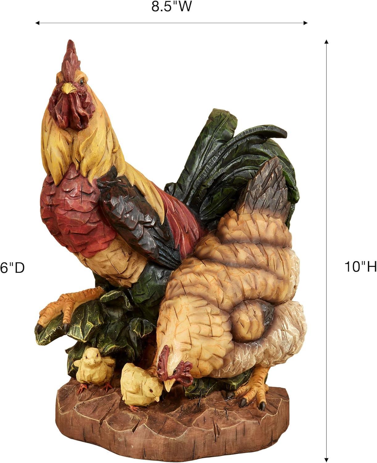 Handcarved Resin Rooster and Hen Family Sculpture in Multicolor