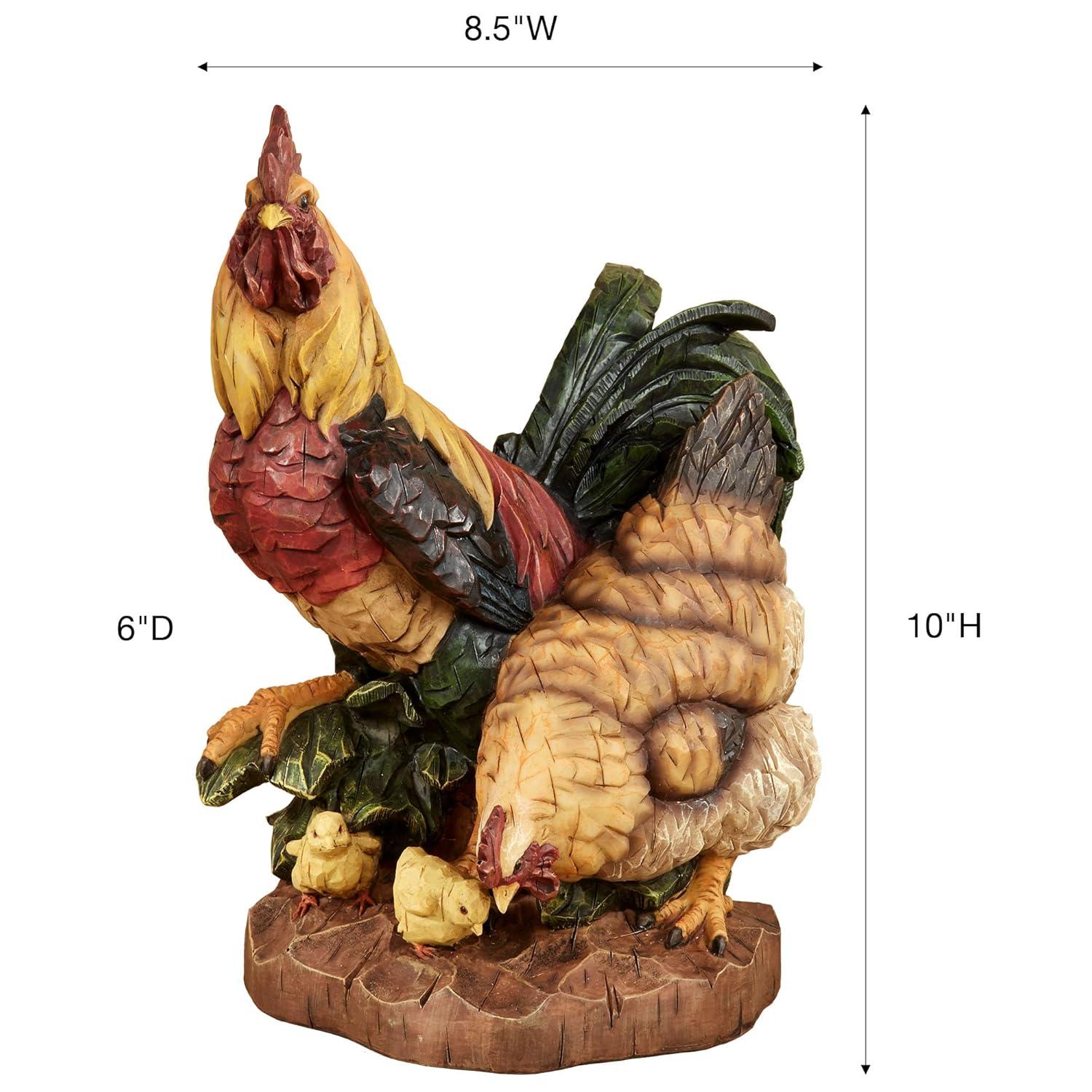 Handcarved Resin Rooster and Hen Family Sculpture in Multicolor