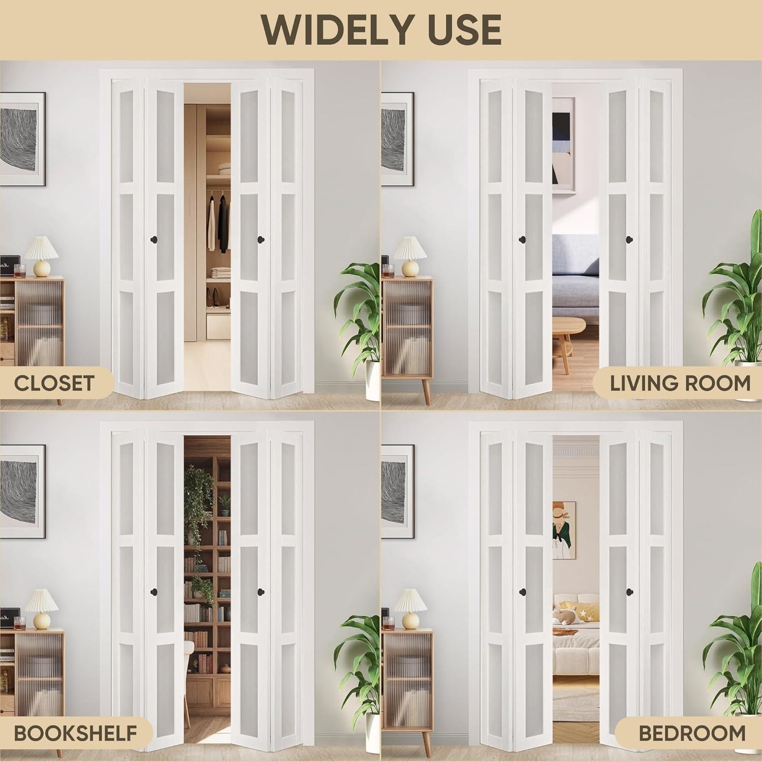 CHIC MODE Double Bifold Doors 3 Lite Frosted Glass Solid Manufactured Wood Prefinished Folding Door