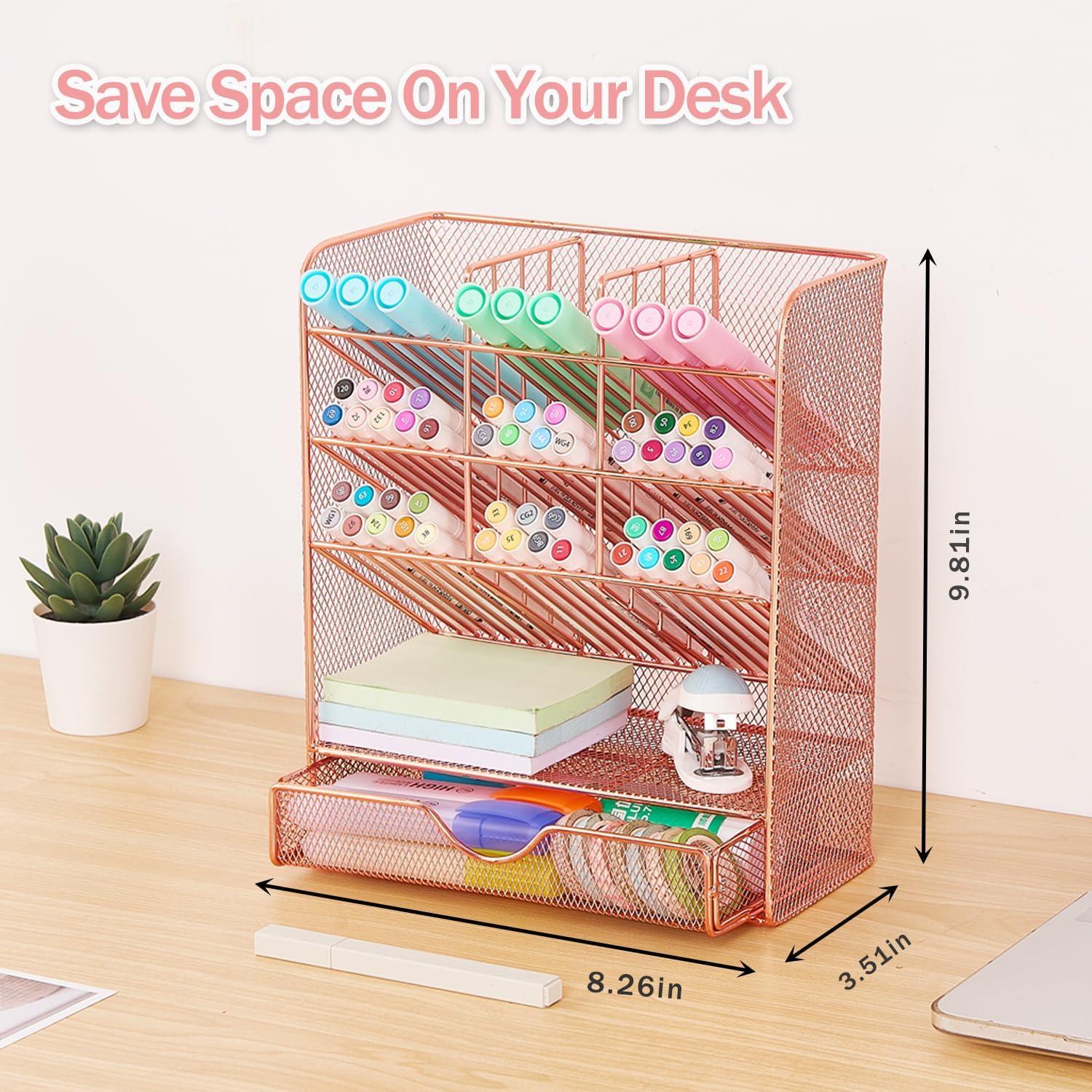 Rose Gold Rectangular Metal Desk Organizer with 10 Compartments