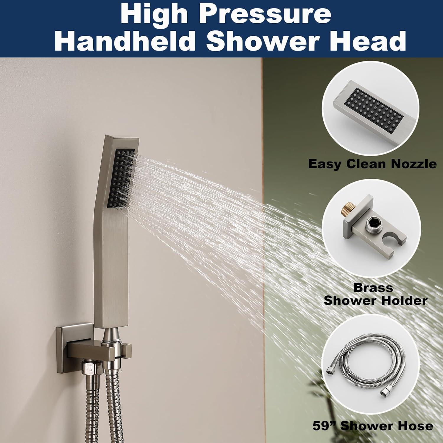 AWZTOO Wall Mounted Shower Faucet With Hand Shower Modern Shower System Set 10 Inch Rainfall Shower Head With Pressure Balance Valve Brushed Nickel