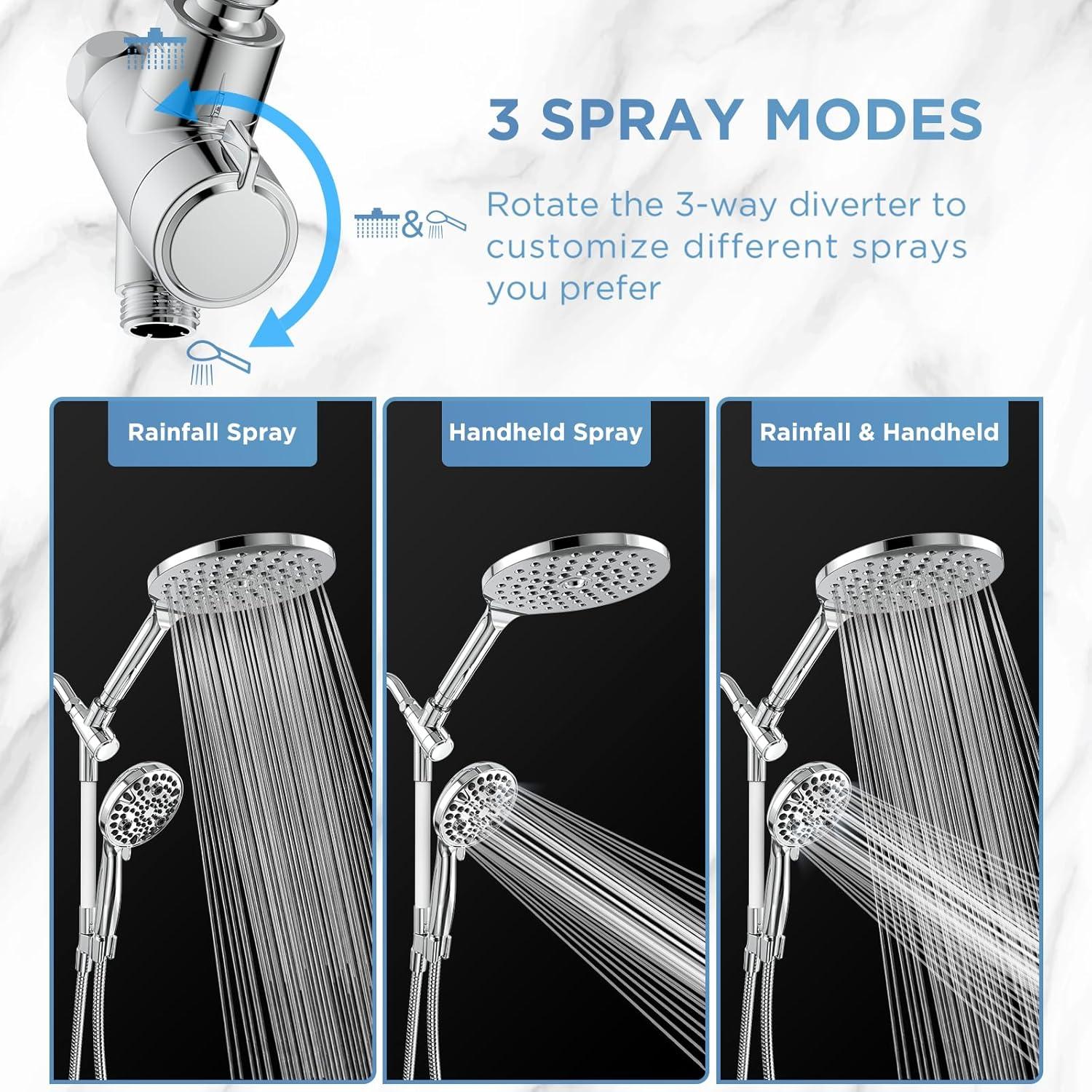 Dual Handheld Shower Head Combo, 2-in-1 Rain Shower Heads System 8 Inch Rainfall Shower Head and 10 Modes High Pressure Hand Held Showerhead with Built-in Power Wash