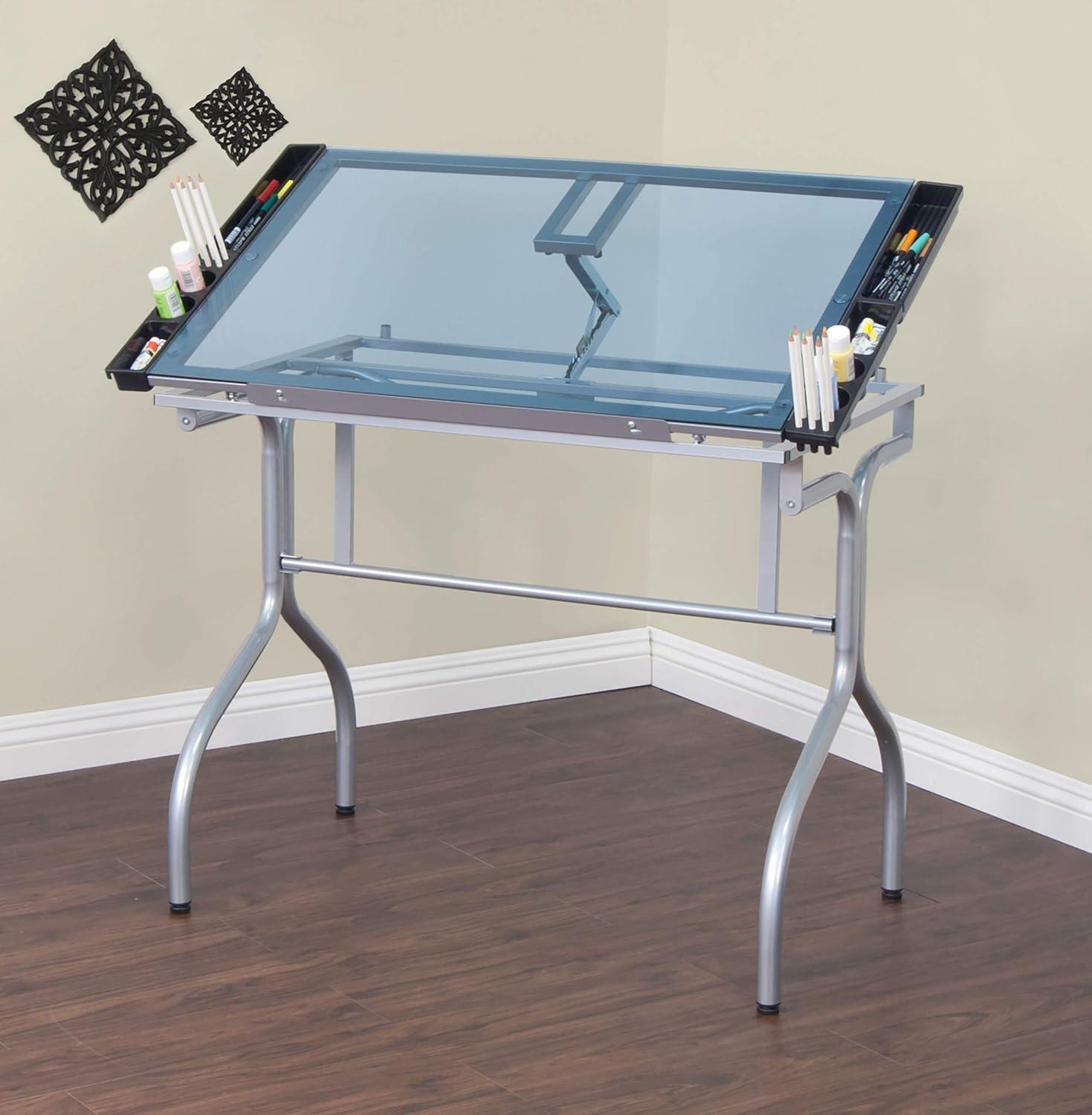 Futura 38'' Silver Frame Craft Station with Blue Tempered Glass Top