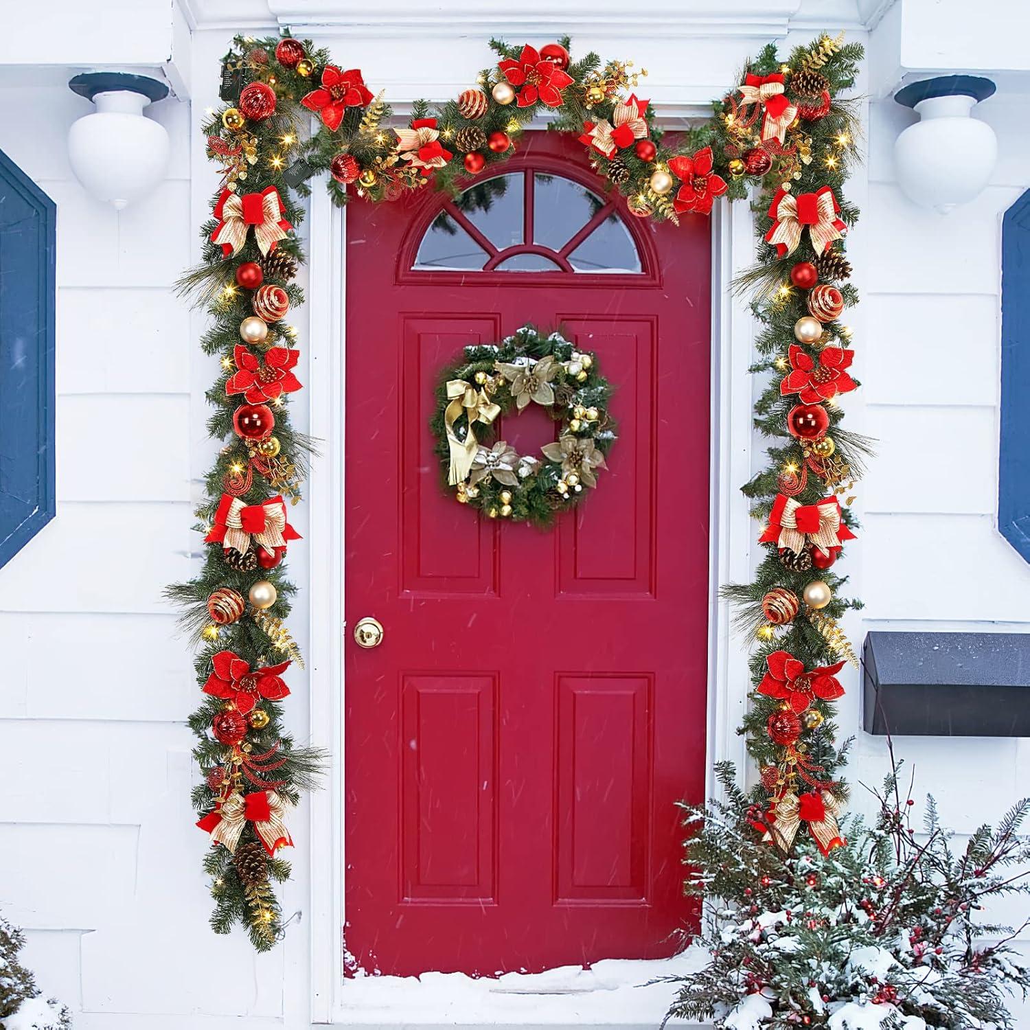 LaxMax Christmas Lighted Garland, Red and Gold Theme 6FT 20LED Pre-Lit Christmas Garland with Ball Ornaments, Flowers, Ribbons, Pine Cones and Berries for Door Stairs Mantle Christmas Decoration O1