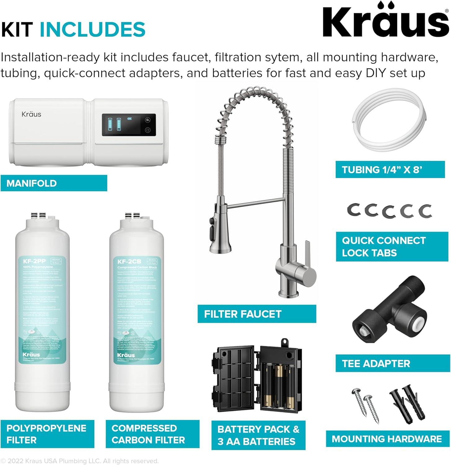 KRAUS Britt 2-In-1 Commercial Style Pull-Down Single Handle Water Filter Kitchen Faucet In Spot-Free With Purita 2-Stage Under-Sink Filtration System
