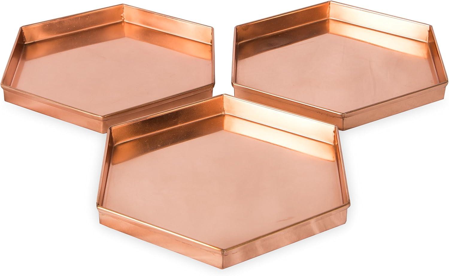 Hexagonal Copper-Plated Stainless Steel Decorative Trays, Set of 3