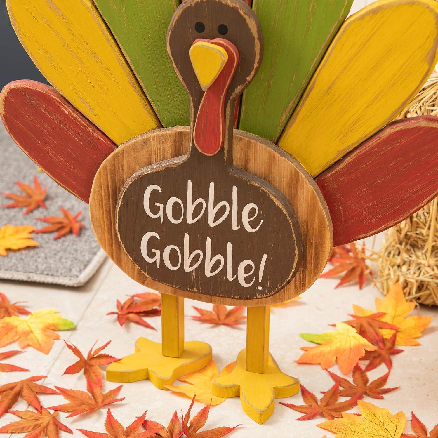 24.25" Colorful Wooden Thanksgiving Turkey Figurine Decor