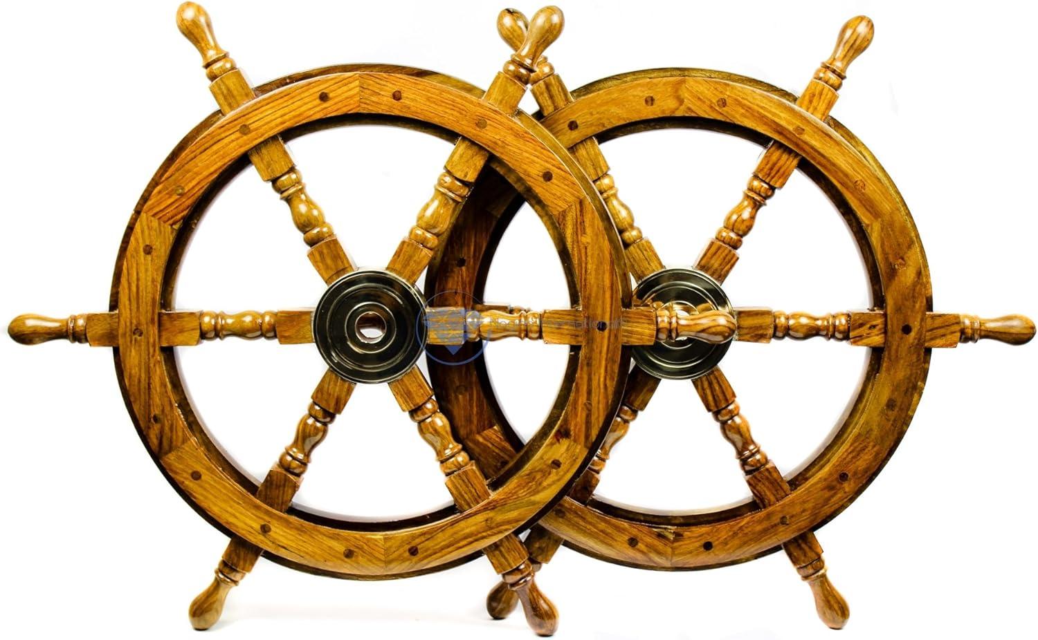 24" Dark Rosewood and Brass Nautical Ship Wheel Decor