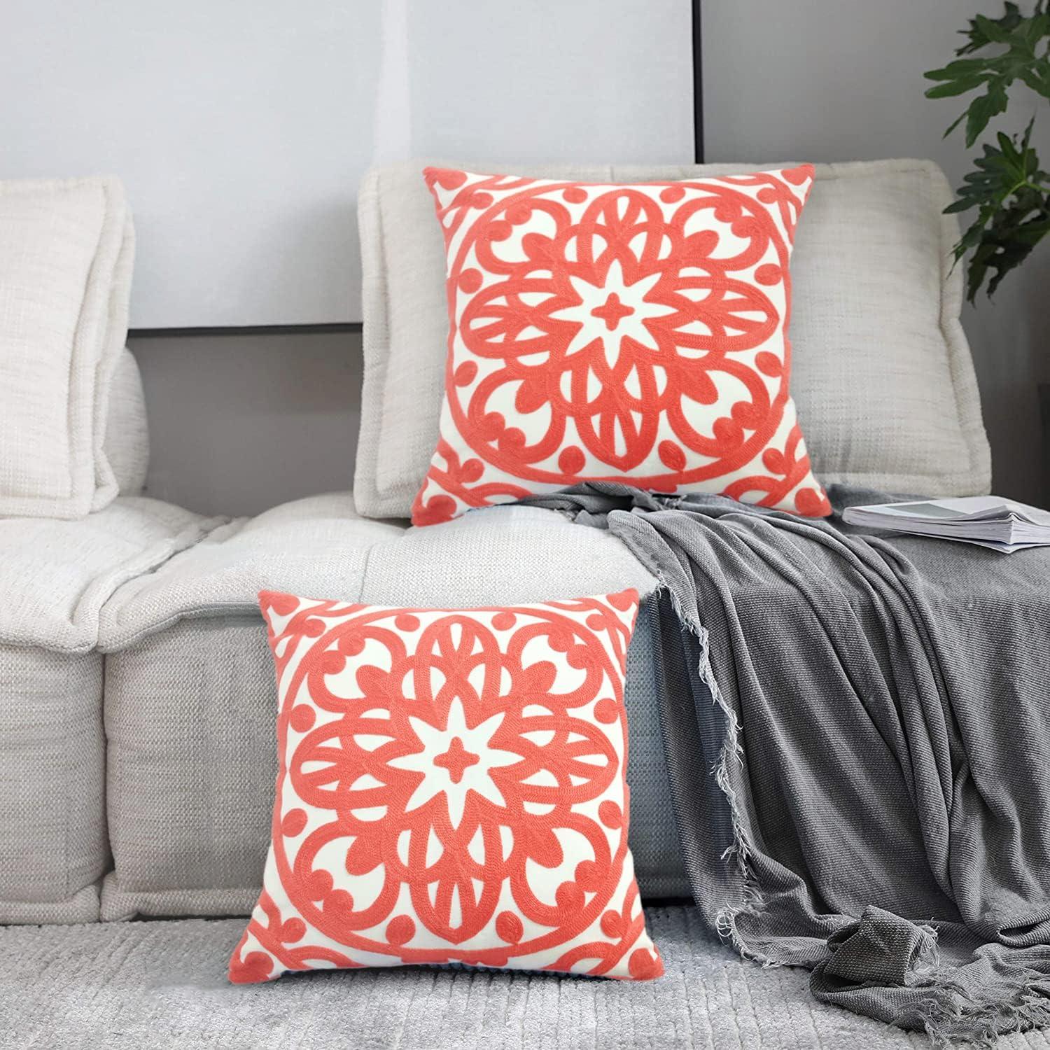 Coral Peach Embroidered Cotton Boho Euro Throw Pillow Covers