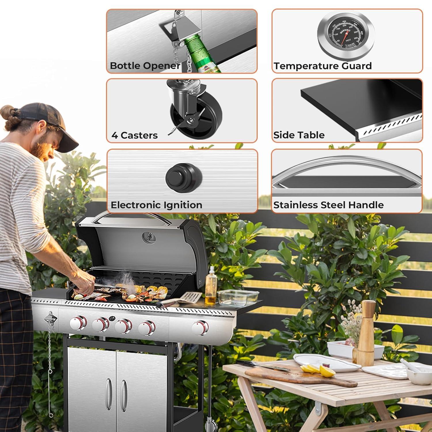 R.W.FLAME 4-Burner Propane Gas BBQ Grill with Side Burner & Cast iron grill net and baking pan, 42,000 BTU Stainless Steel Cabinet Style Propane Grill