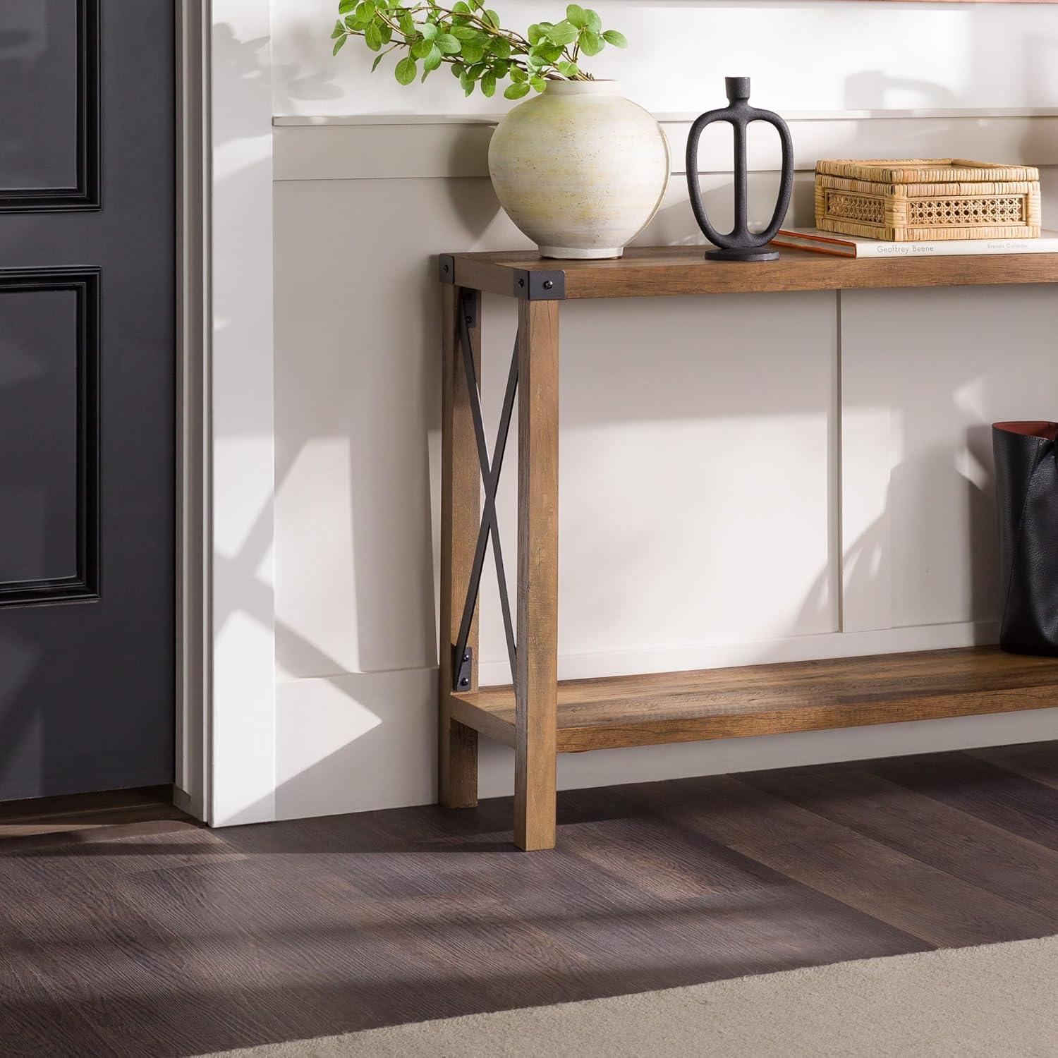 Rustic Oak and Metal Two-Tier Console Table with Storage