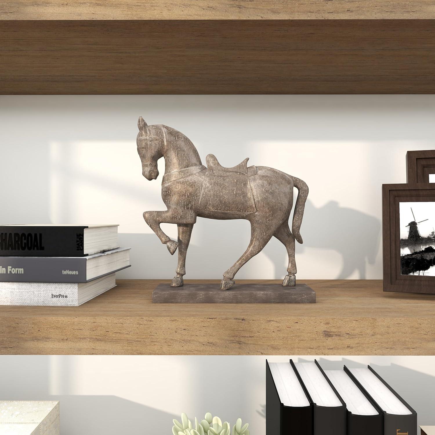 14" x 15" Brown Polystone Prancing Horse Sculpture, by DecMode