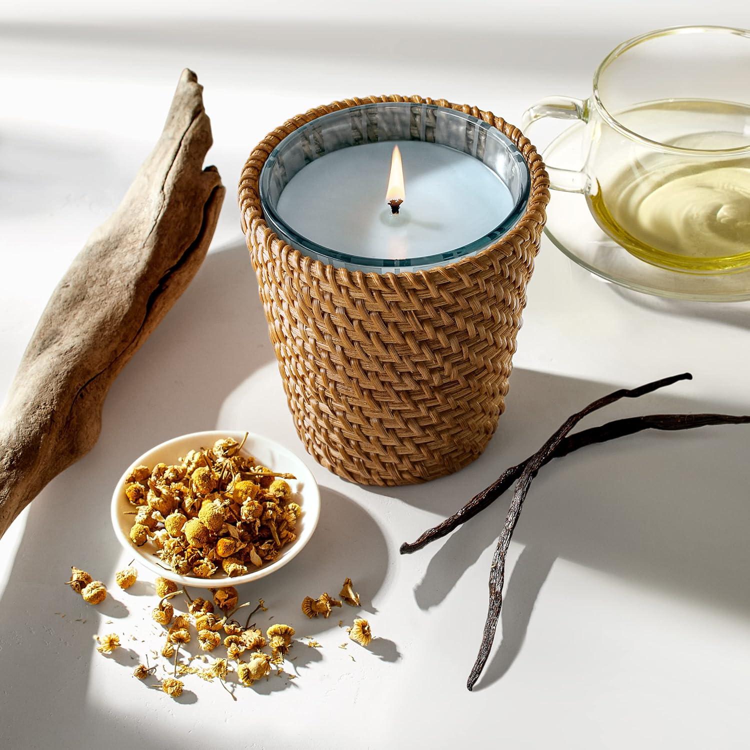 Driftwood & Chamomile Scented Soy Candle with Rattan Sleeve, 8 Oz