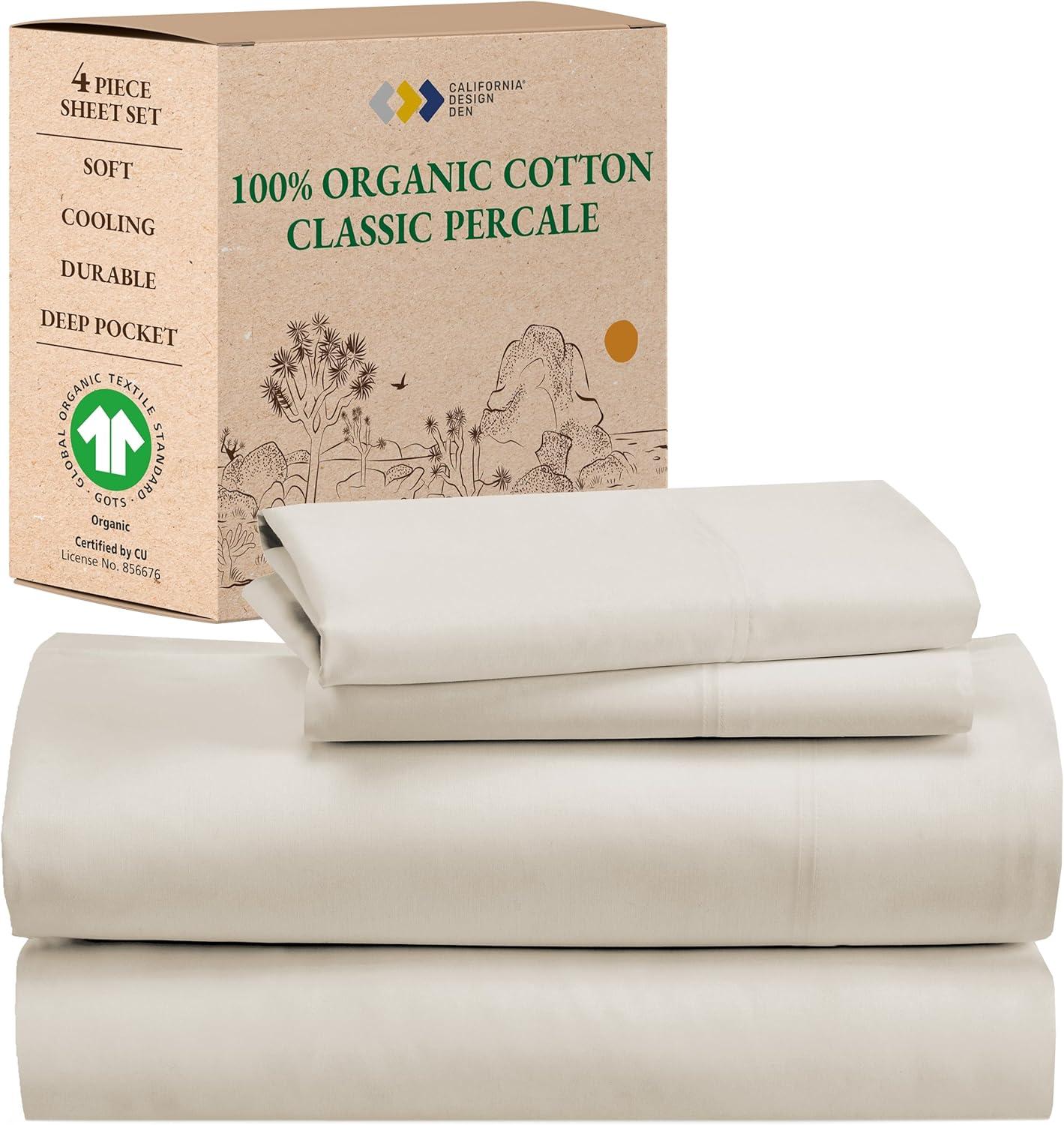 California Design Den  Bed Sheets Set - 100% Organic Cotton Percale, Deep Pocket, GOTS Certified