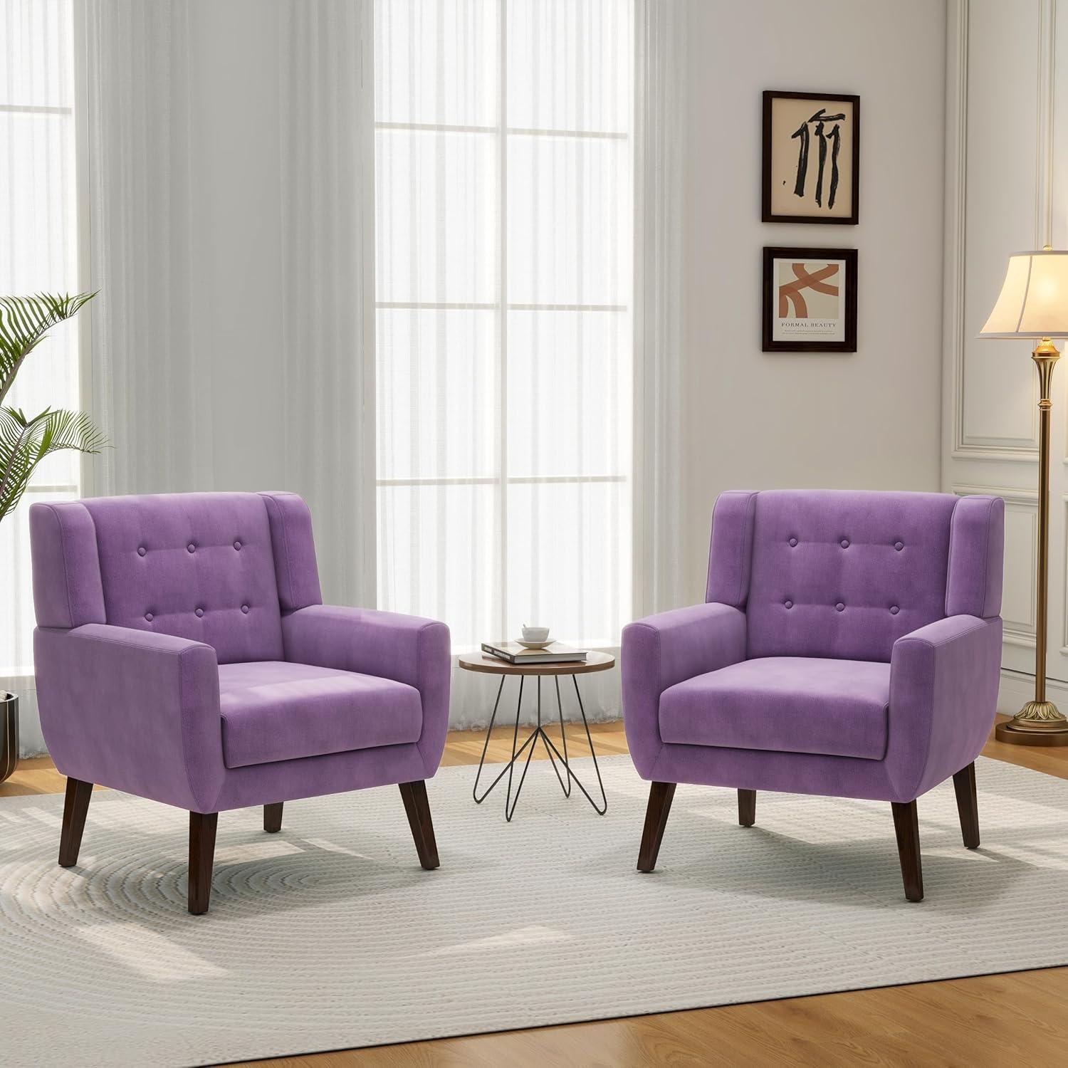 Mid-Century Modern Purple Velvet Accent Chair with Wood Legs