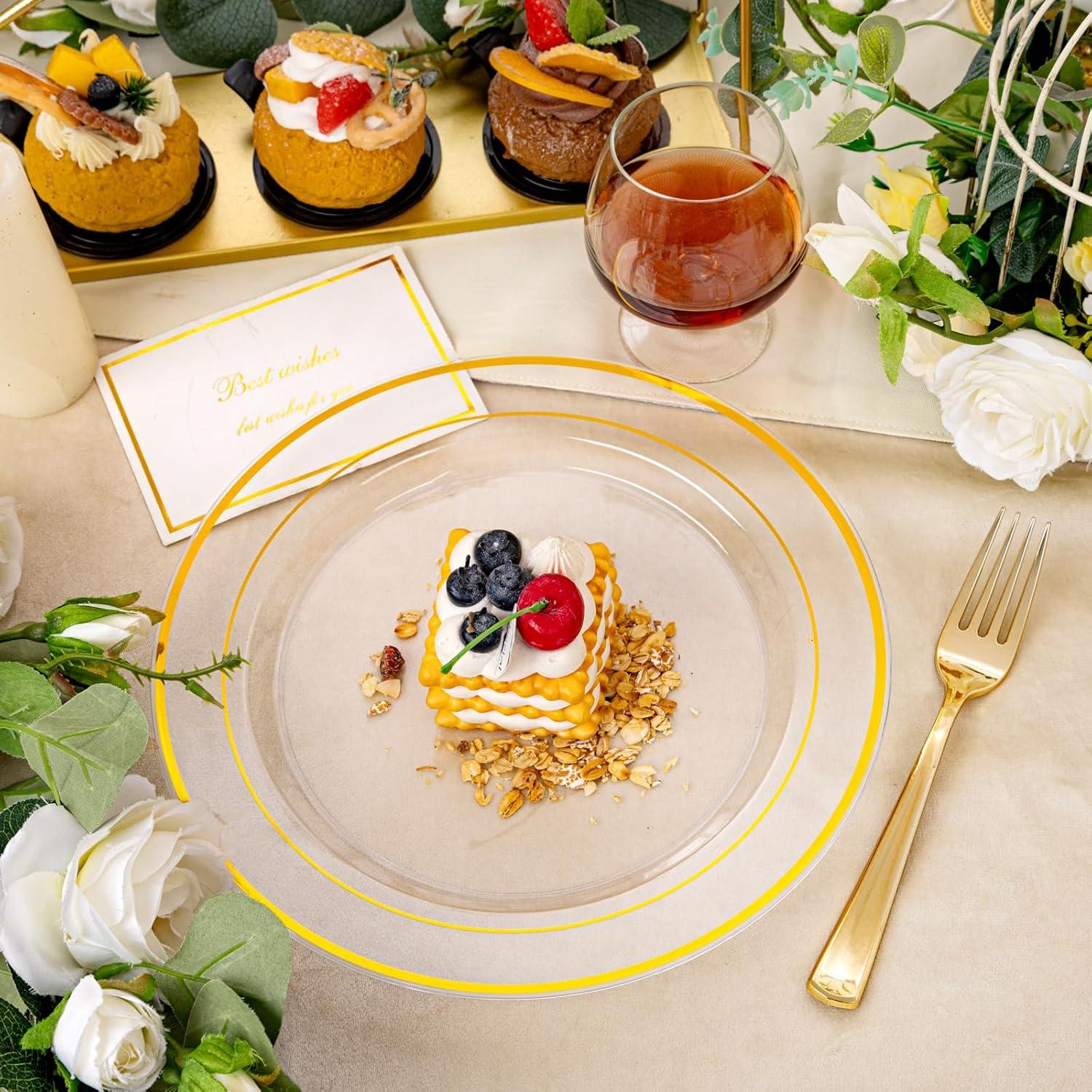 I00000 60pcs Plastic Gold Plates,10.25 inch Gold Rimmed Dinner Plates, White Disposable Plates, Parties or Wedding