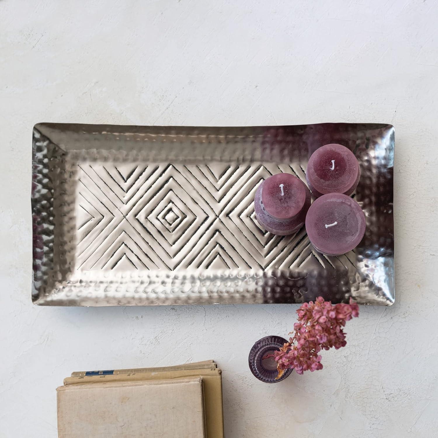 Creative Co-Op Decorative Aluminum Tray with Geometric Design, Antique Silver Finish