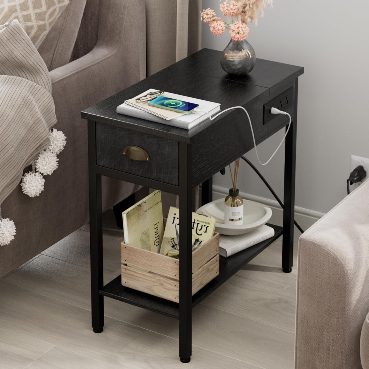 Accreate 23" End Table with Charging Station - Narrow Side Table with USB Ports, Outlets, and Storage Drawers for Living Room and Bedroom