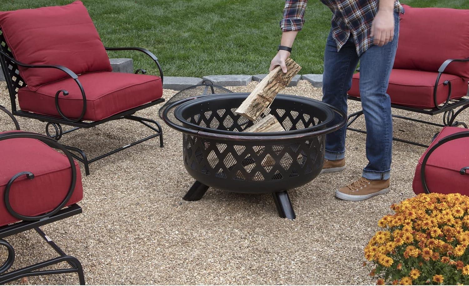 Endless Summer Round Wood Burning Outdoor Fire Pit with Lattice Design Brown: Deep Bowl, Mesh Spark Guard, Portable