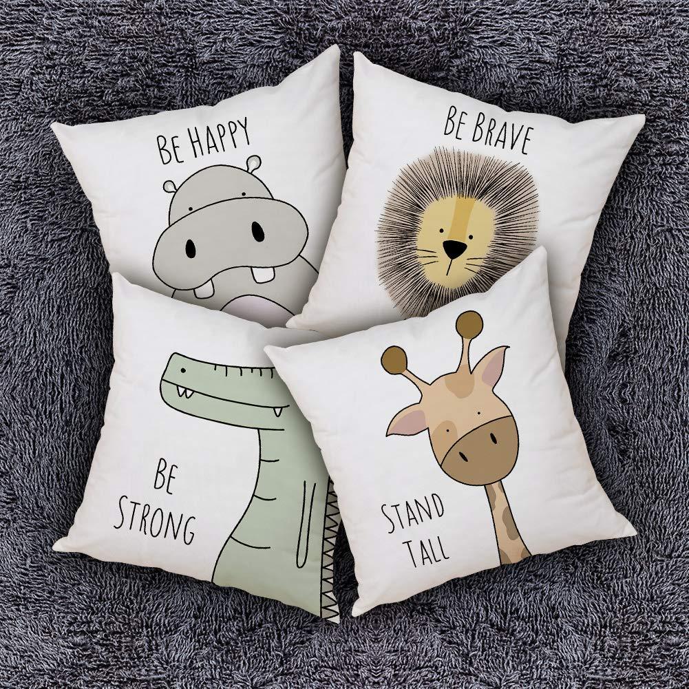 Cartoon Animal Pillow Covers Kids Pillowcase 18×18 Inch Set of 4 Throw Pillow Covers Set Cotton Throw Cushion Case for Sofa Couch Home Decor School Cushion Case(Hippo, Giraffe, Lion, Crocodile)