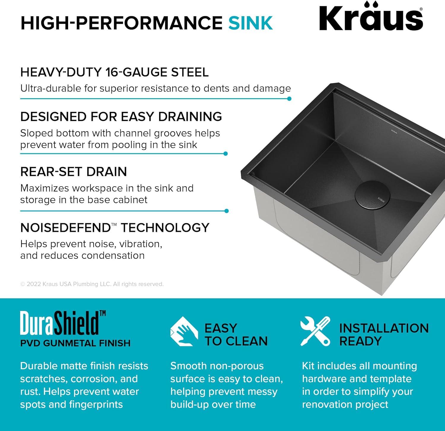 KRAUS Kore 21 Undermount Workstation 16 Gauge Black Stainless Steel Single Bowl Kitchen Sink in PVD Gunmetal Finish with Accessories