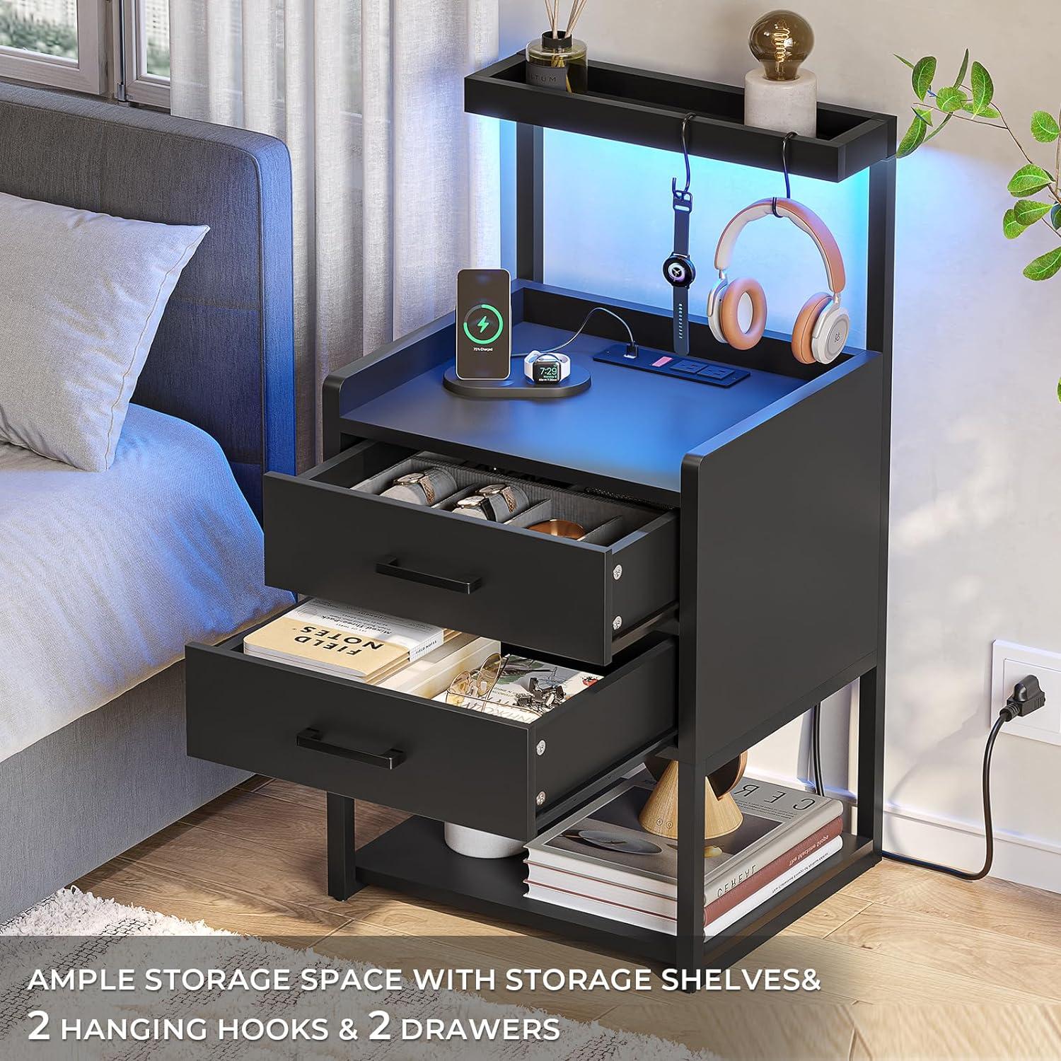 Nightstand with LED Lights and Charging Station, 2 Drawers Bedroom Night Stand, 2 USB Ports, 2 Outlets, Bed Side Table with Storage Shelves, White