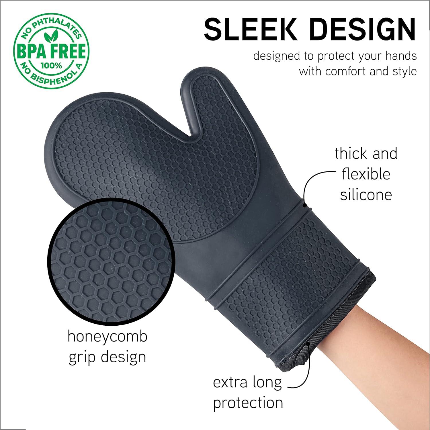 COOK WITH COLOR Silicone Oven Mitts- Heat Resistant Gloves with Soft Quilted Lining Oven Mitt Pot Holders for Cooking and BBQ, Black, Mitt Set