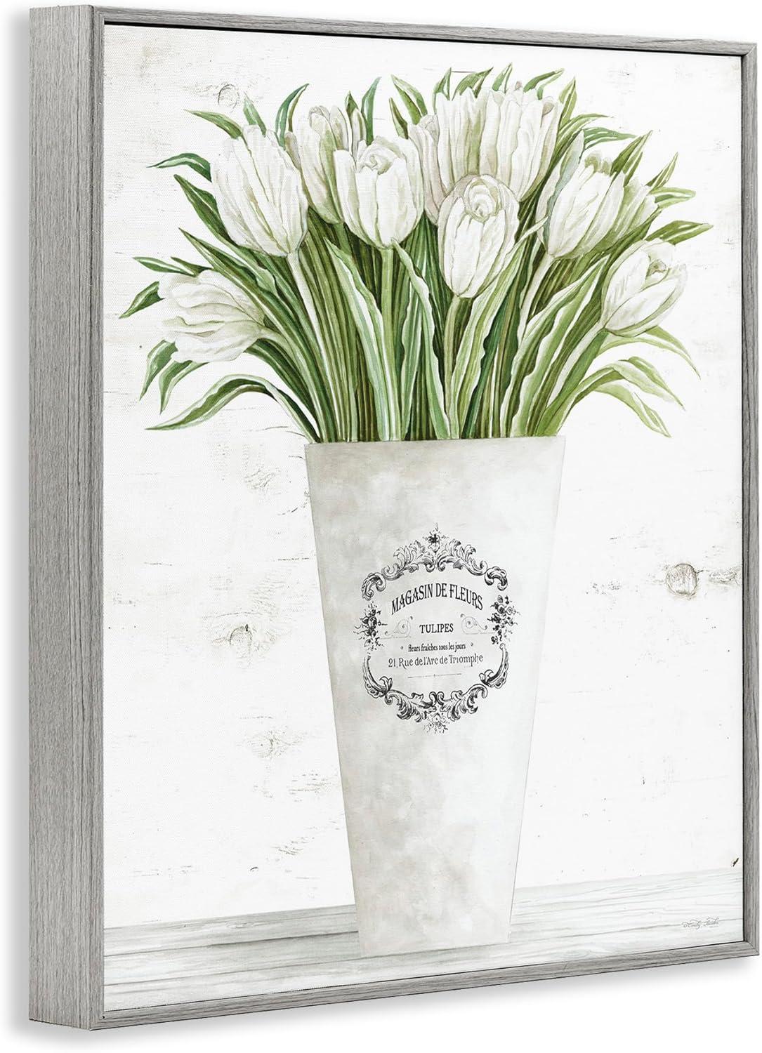 White Tulip Bouquet in Gray Farmhouse Frame Canvas Print