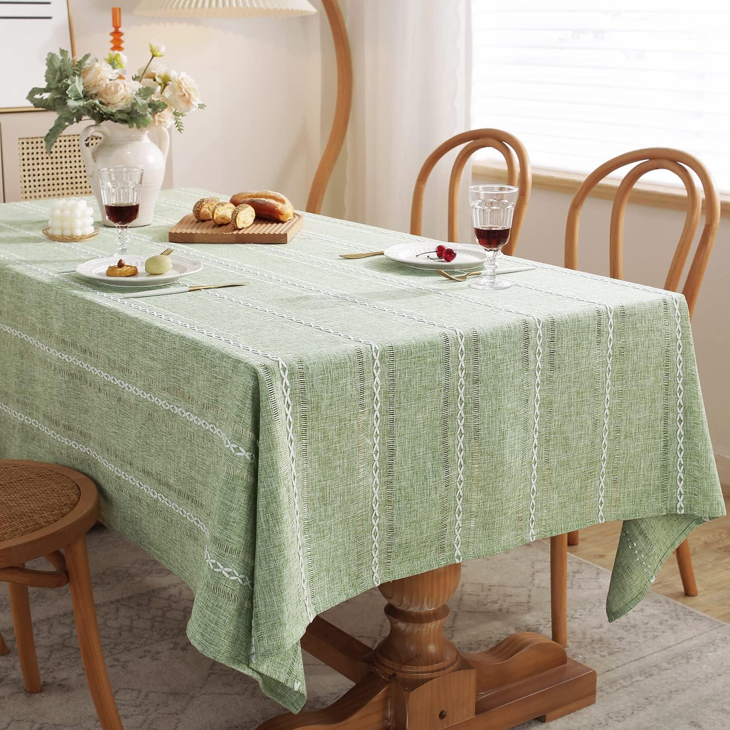 Sage Green Embroidered Cotton Linen Rectangular Tablecloth