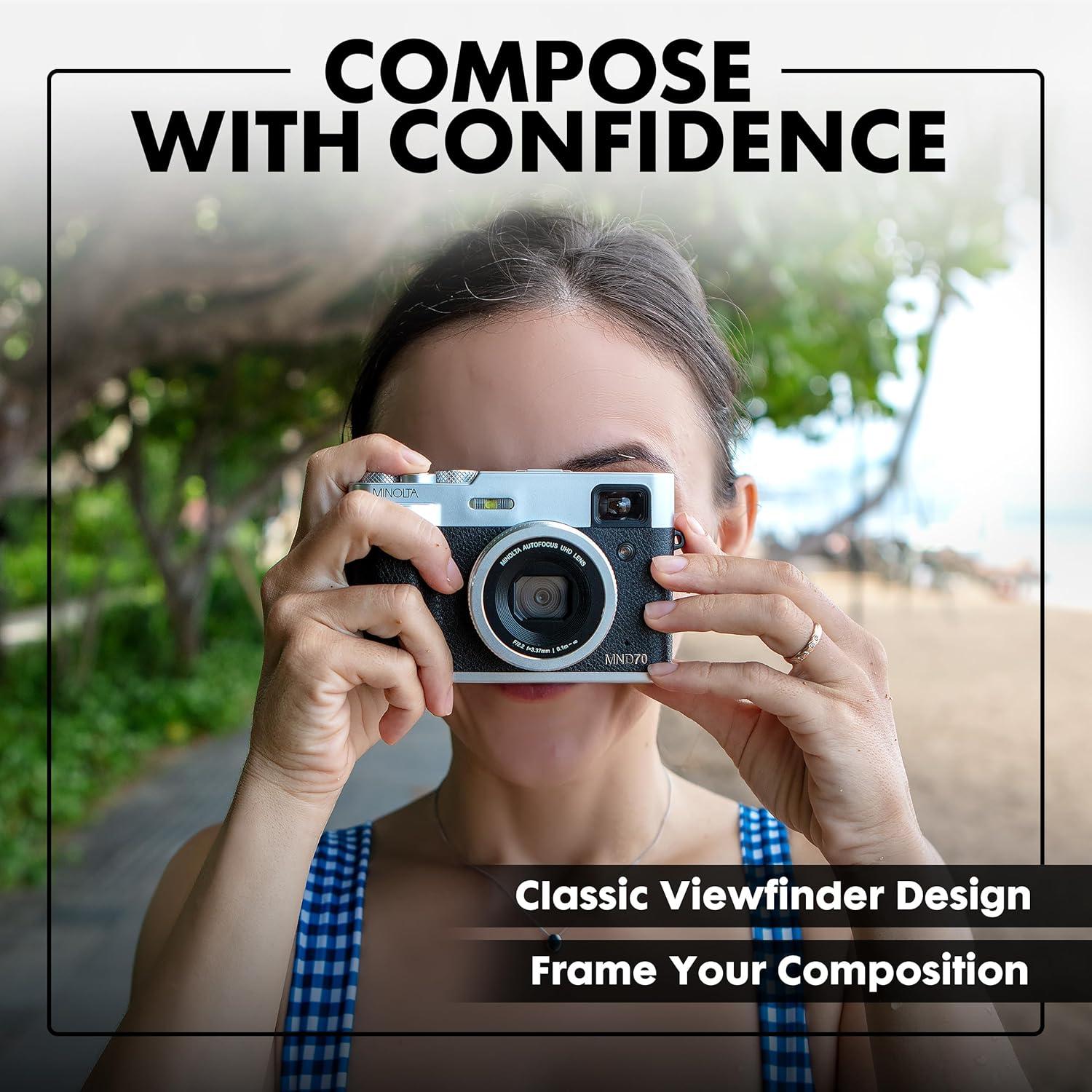 Minolta MND70 Retro 48 MP Autofocus Digital Camera with 5K Ultra HD Video, Rear Selfie Lens & WiFi, Silver