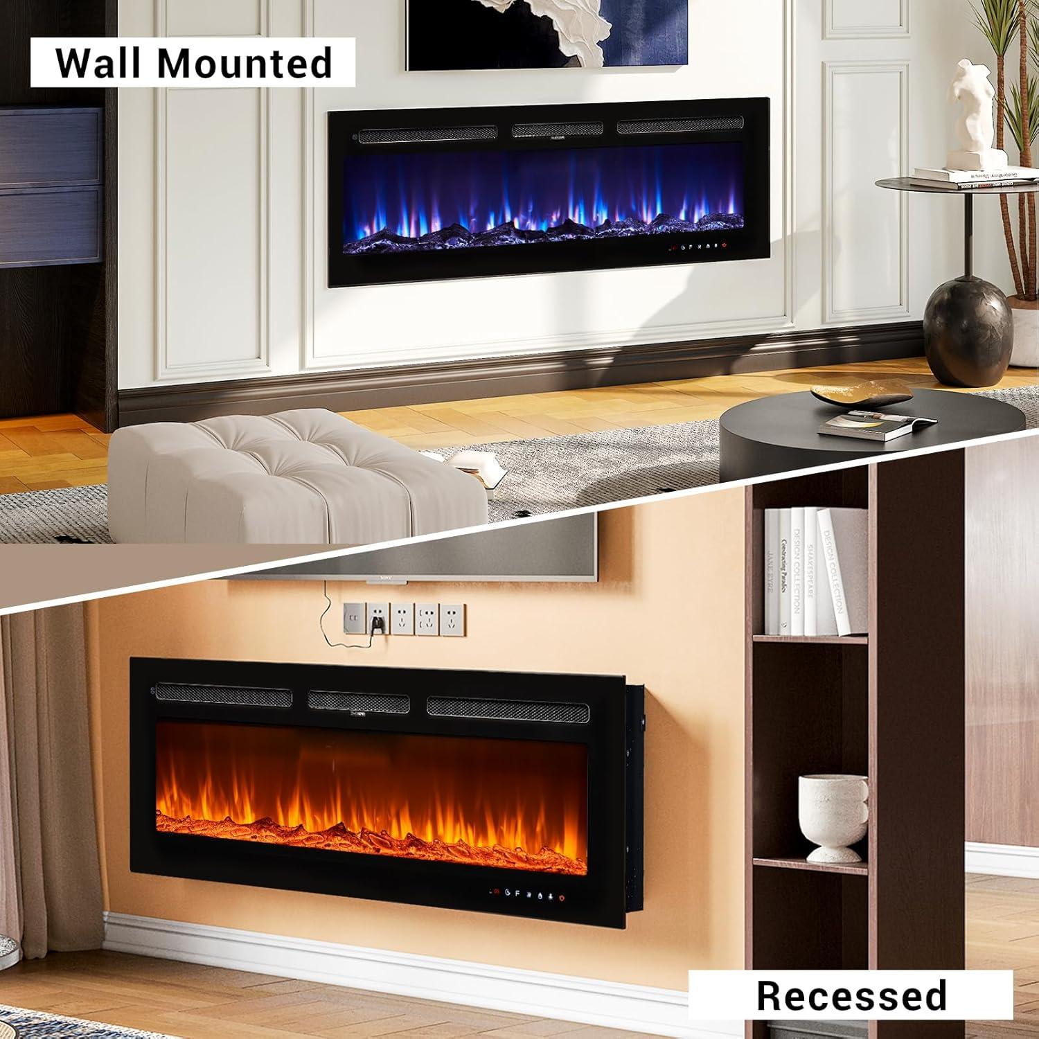 oneinmil Electric Fireplace, 50 inch Wide Recessed/Wall Mounted Electric Fireplace, Remote Control with Timer 12 Adjustable Color Flame, Remote Control,with Crystal Stone, 750/1500W