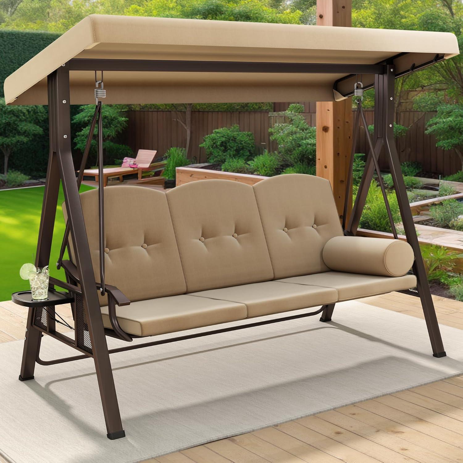 Uforic 3-Seat Deluxe Outdoor Porch Swing Large Patio Swing Chair with Weather Resistant Steel Frame, Adjustable Tilt Canopy, Removable Cushion & Pillow Suitable for Garden, Poolside, Balcony (Brown)