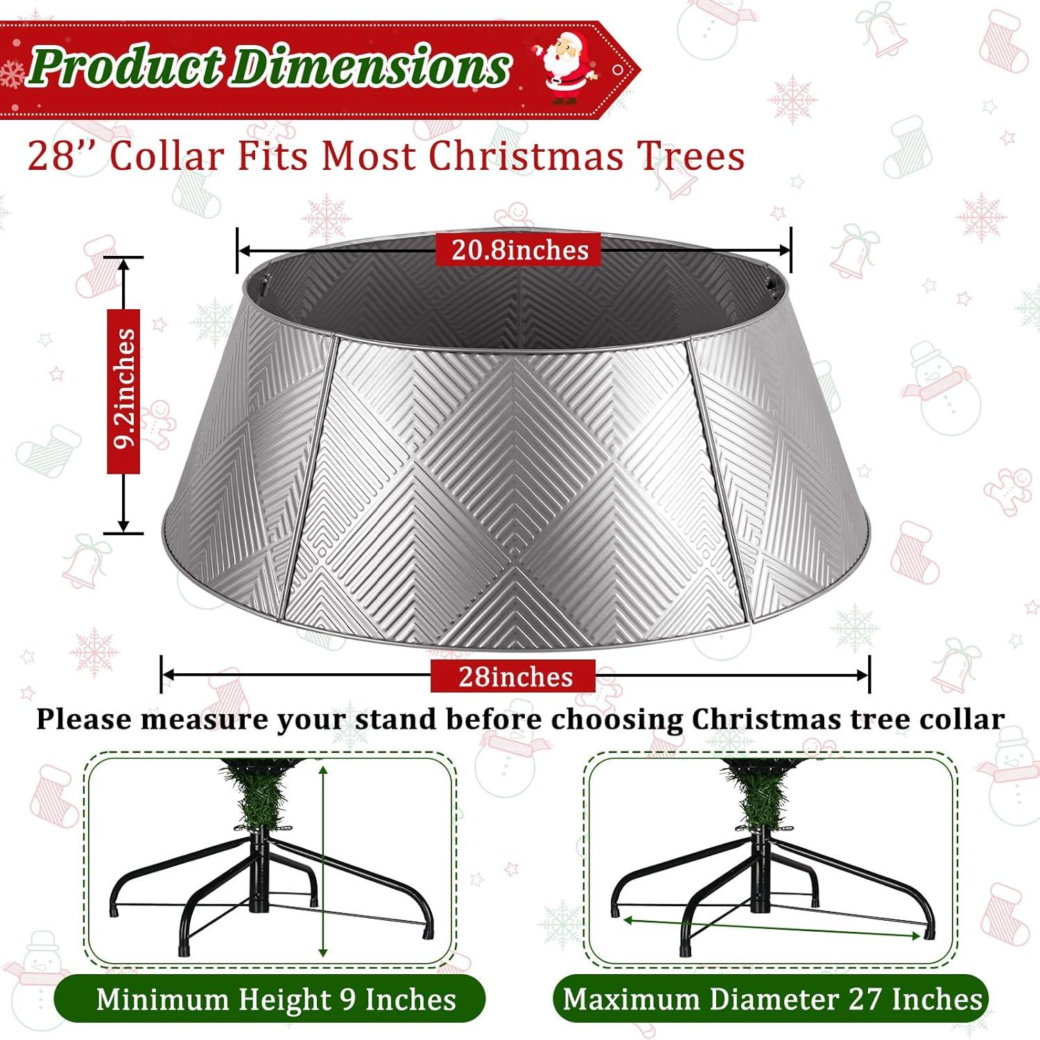 Nordic Hygge 28’’ Christmas Tree Collar, Gold Tree Skirt for Christmas Tree Decor, Christmas Tree Base Cover with Printed Patterns, Metal Tree Collar for Pencil Tree of Living Room