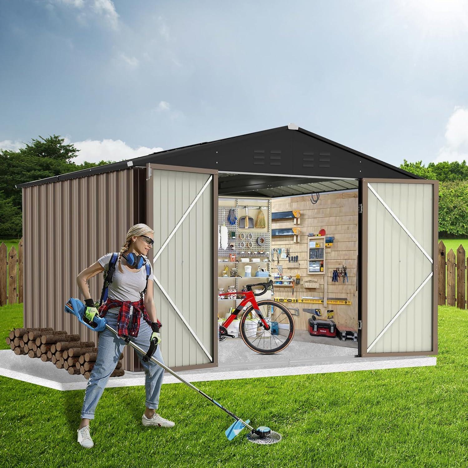 12x10 FT Outdoor Metal Storage Shed Garden Tool House With Lockable Doors and Vent Brown