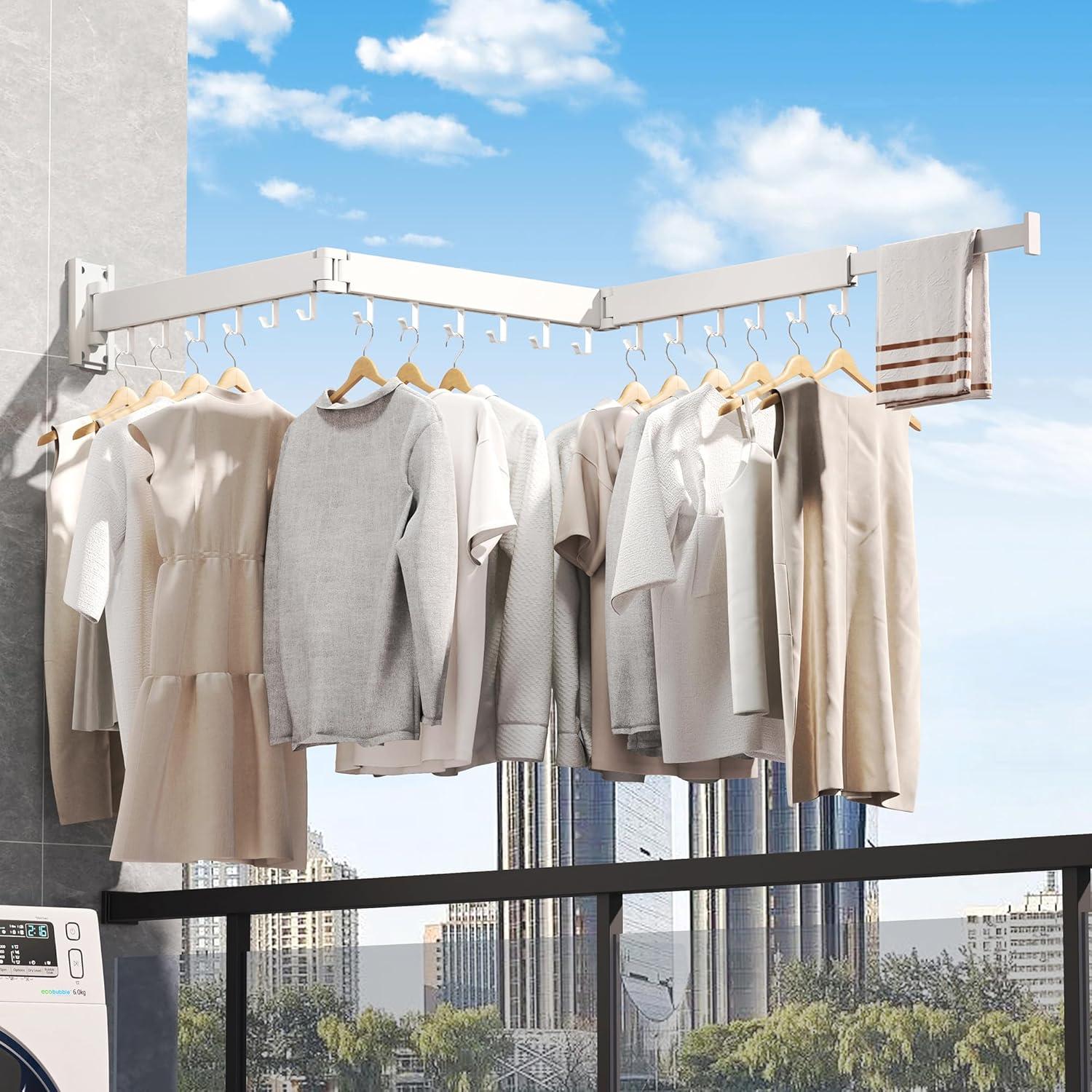 Dr.DJ Clothes Drying Rack for Laundry, Retractable Clothes Hanger Rack Wall Mounted Folding Indoor, Drying Rack, Space Saver Clothes Rack,Collapsible (Tri-Fold) with 18 J-Hooks Laundry Rack White