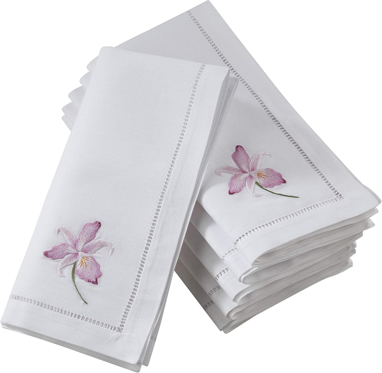 Saro Lifestyle Embr'd Fuchsia Orchid Hemstitch Napkin, 20" Square, White (Set of 6)