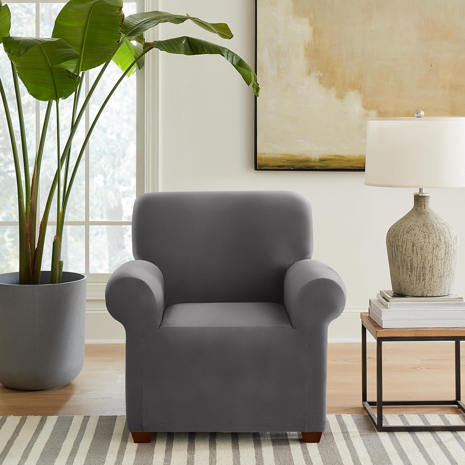 SureFit Hampstead Stretch Velvet Chair Slipcover, One Piece Chair Covers, Charcoal Chair Cover
