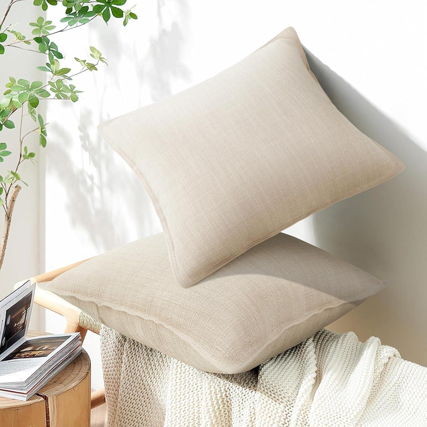 MADIZZ Set of 2 Linen Throw Pillow Covers with Broad Edge Soft Boho Decorative Pillow Cases for Sofa Bedroom Modern Pillow Shell 18x18 Inch Beige