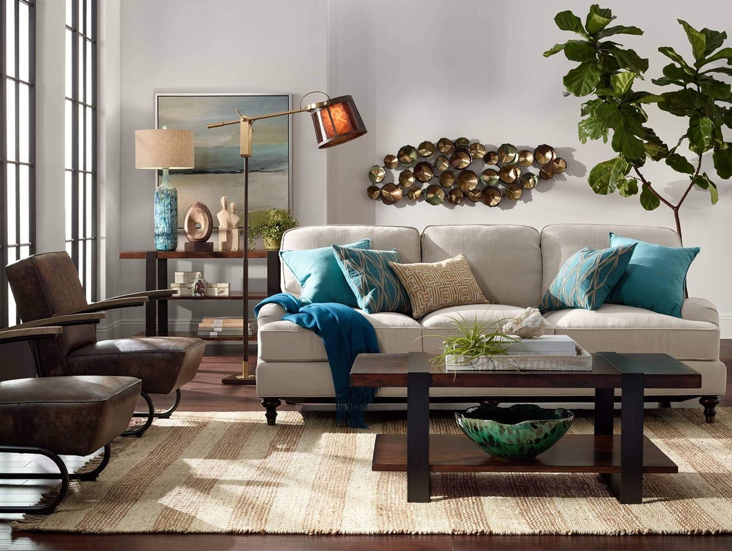 Possini Euro Design Mid Century Modern Table Lamp Ceramic Tiled Teal Tall Tan Linen Drum Shade for Living Room Family Bedroom (Colors May Vary)