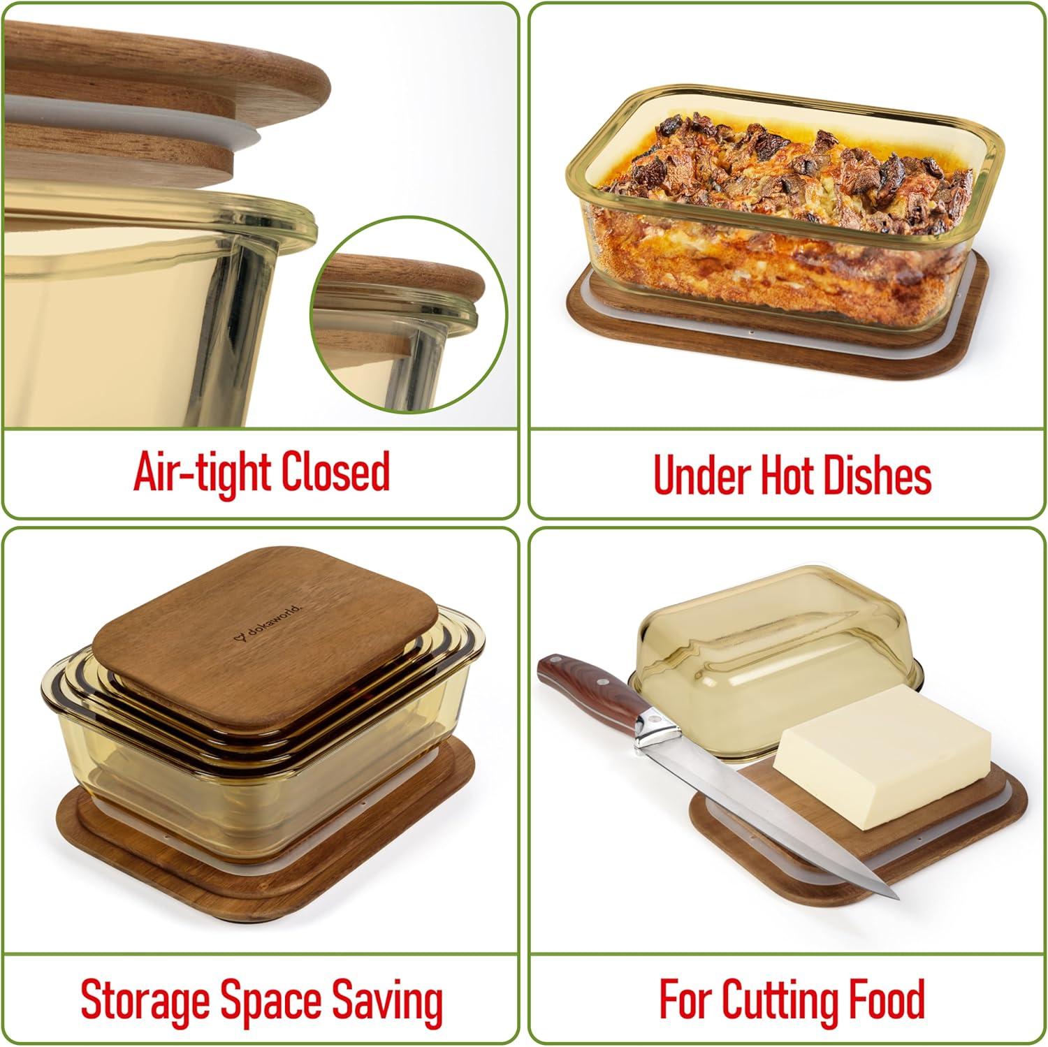 Amber Glass Meal Prep Containers with Acacia Lids, Set of 4