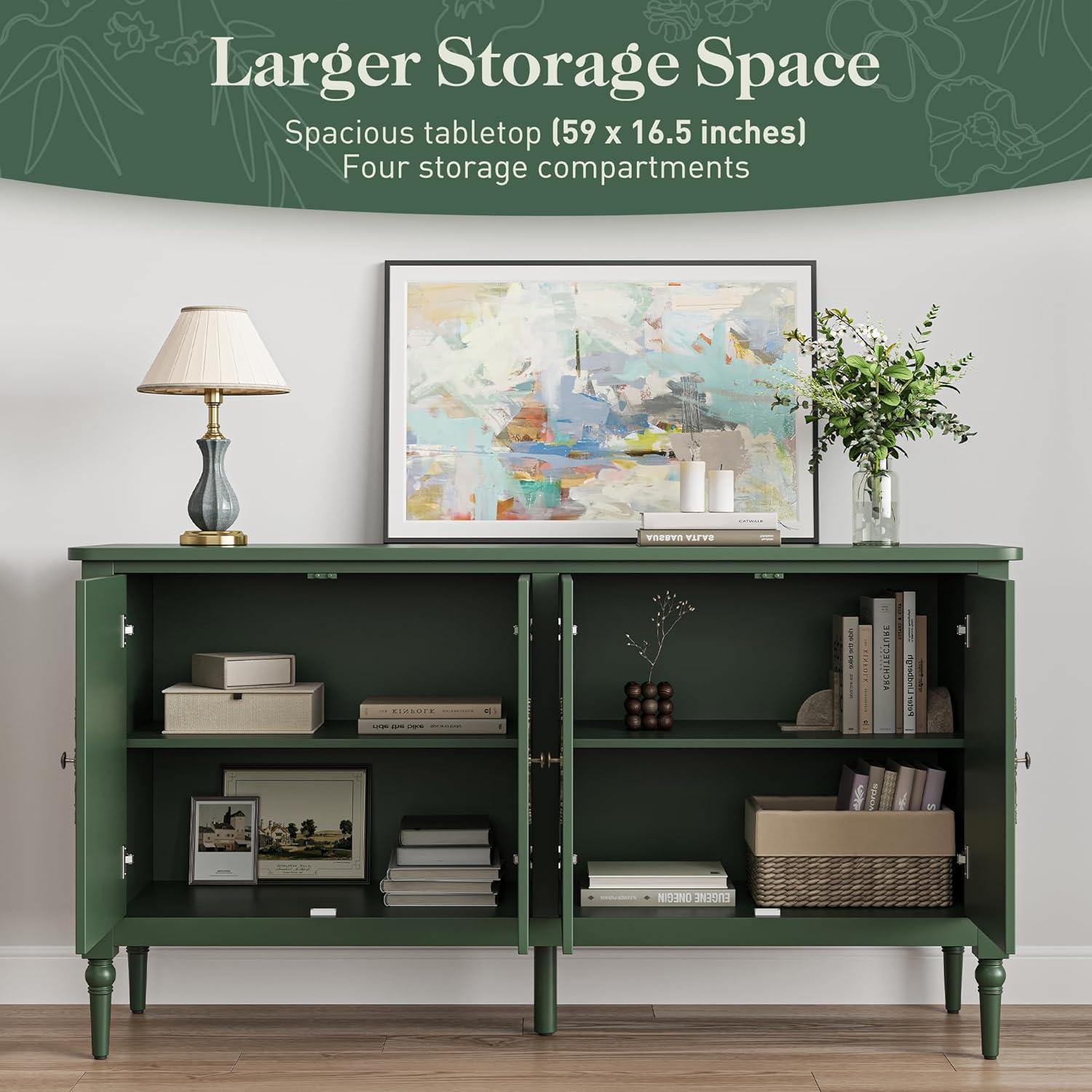 CozyHome Sideboard Buffet Cabinet with Storage, 58'' Mid Century Modern Storage Cabinet with 4 Doors and Adjustable Shelves, Accent Cabinet for Entryway, Dining Room, Living Room, Bedroom, Green