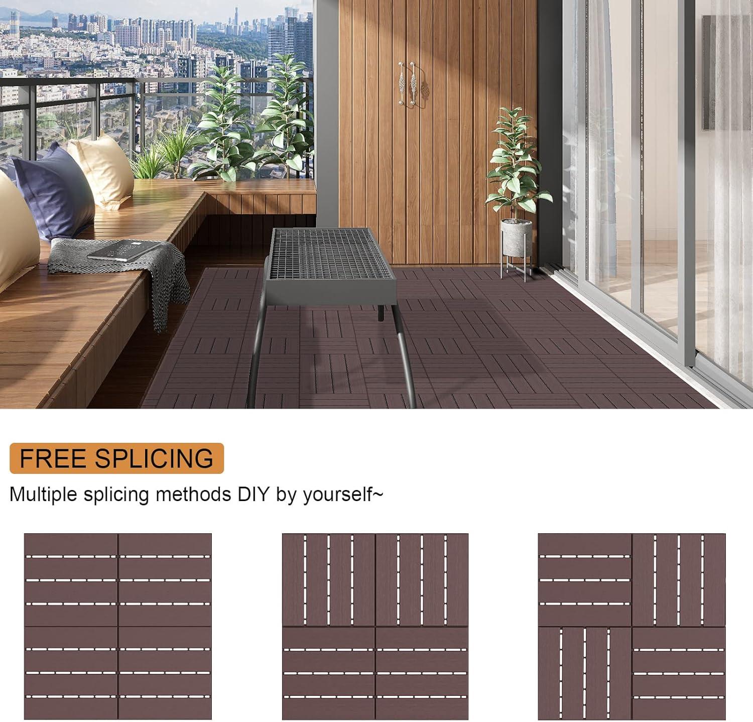 Goovilla 27 sq. ft Plastic Interlocking Deck Tiles，27PCS Waterproof Patio Balcony Flooring, 12"x12" Outdoor Interlocking Deck Tile for All Weather Porch Poolside Grass Dirty, Decking Tiles, Dark Brown