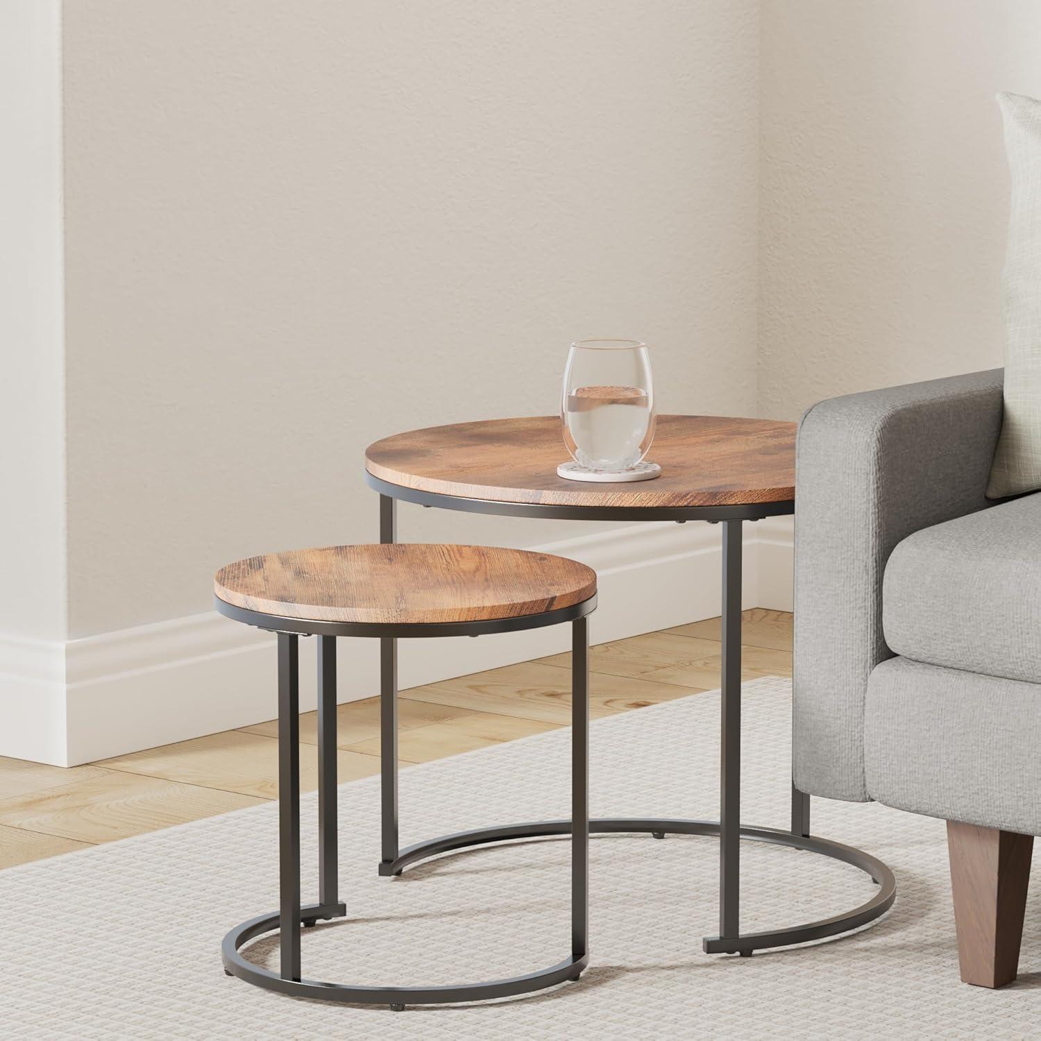 Costway Nesting Coffee Table Set of 2 for Balcony Living Room Modern Round Side Tables Rustic Brown