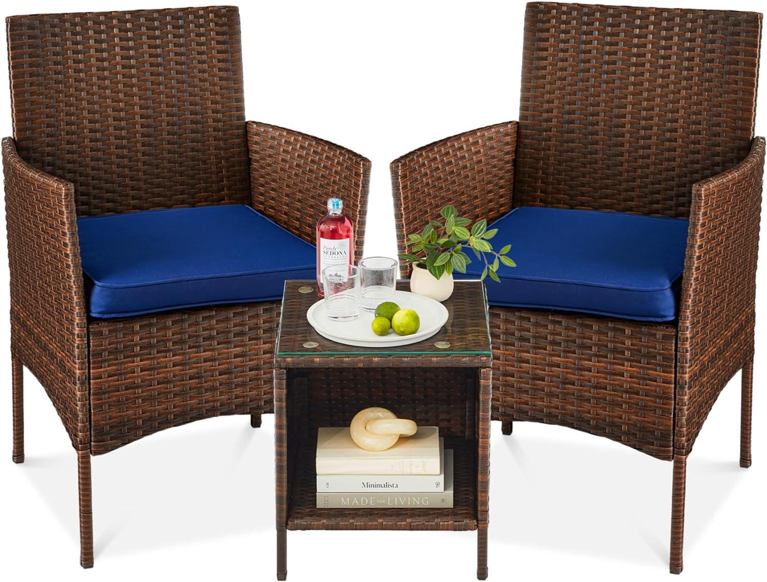 Nasrul 3-Piece Outdoor Wicker Conversation Patio Bistro Set, w/ 2 Chairs, Table