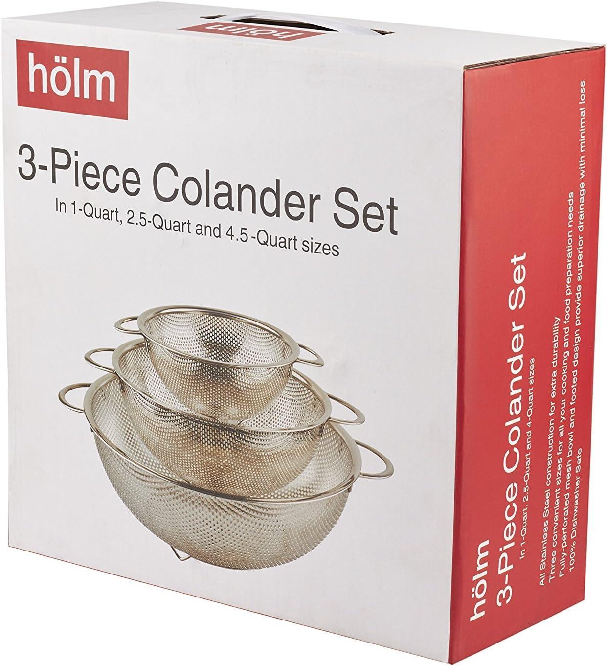 holm 3-Piece Stainless Steel Mesh Micro-Perforated Colander Set (1-Quart, 2.5-Qu