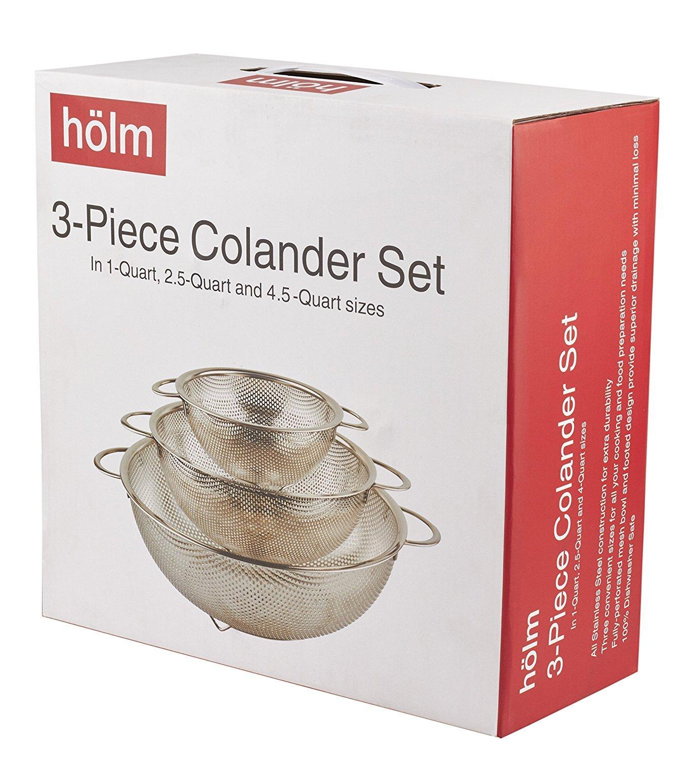 holm 3-Piece Stainless Steel Mesh Micro-Perforated Colander Set (1-Quart, 2.5-Qu