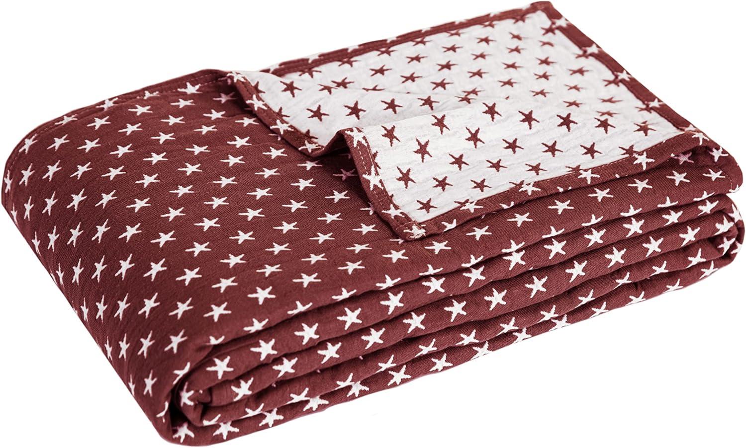 Sterling Creek Dawson Red White Star Muslin Blanket Three Layers Lightweight Cotton Gauzy Blanket Queen