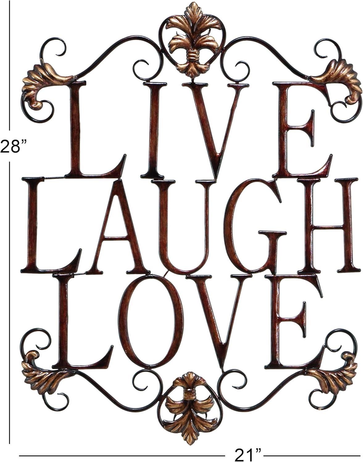Deco 79 Metal Sign Live Love Laugh Wall Decor with Scrollwork, 21" x 1" x 28", Brown
